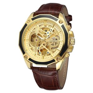 FORSINING Men's Skeleton Mechanical Analog Watch Reloj Automatic Movtment Male Clock With Genuine Leather Strap, Mechanical, Dial Color_Gold,Band Color-Brown