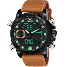 ICONIC BROWN - Luxury Leather Watch For Men Analog-Digital Watch - For Men Famous Brand Mens Leather Digital Dual Time Relogio Masculino Brown